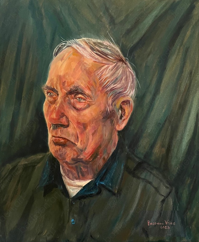 2023 Piet, portrait painting of live model by Bastiaen Vries, oil on panel, 60x70cm. Painting of Piet, created swiftly with Piet as the live model. Oil on a 60x70 cm panel, portraying an elderly man with striking blue eyes and expressive facial expressions.