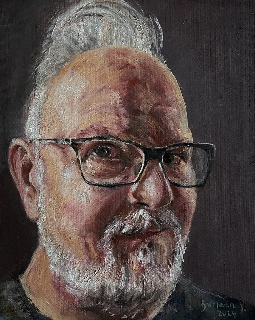 2024 study self-portrait, oil on panel, 30x20cm. Series of portrait paintings by Bastiaen Vries, bastiaen.art. Contrast lights study.