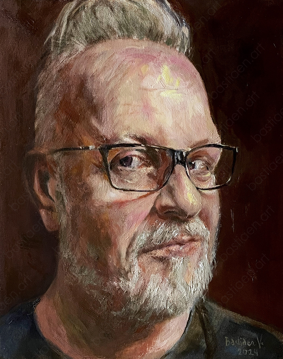 2024 selfportrait study, oil on panel, 30x20cm. Portrait painting by Bastiaen Vries, bastiaen.art. Contrast lights study.