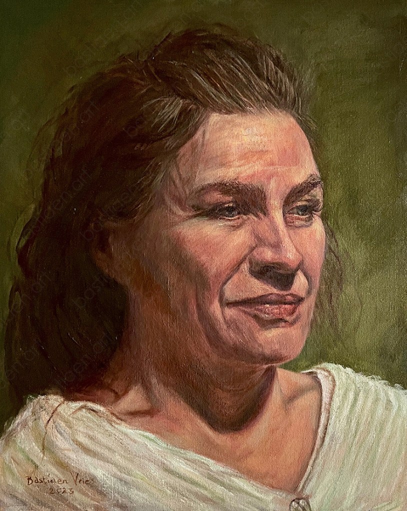 2024, Woman in white sweater, oil on panel, 40x50cm, painted by Bastiaen Vries. www.bastiaen.art