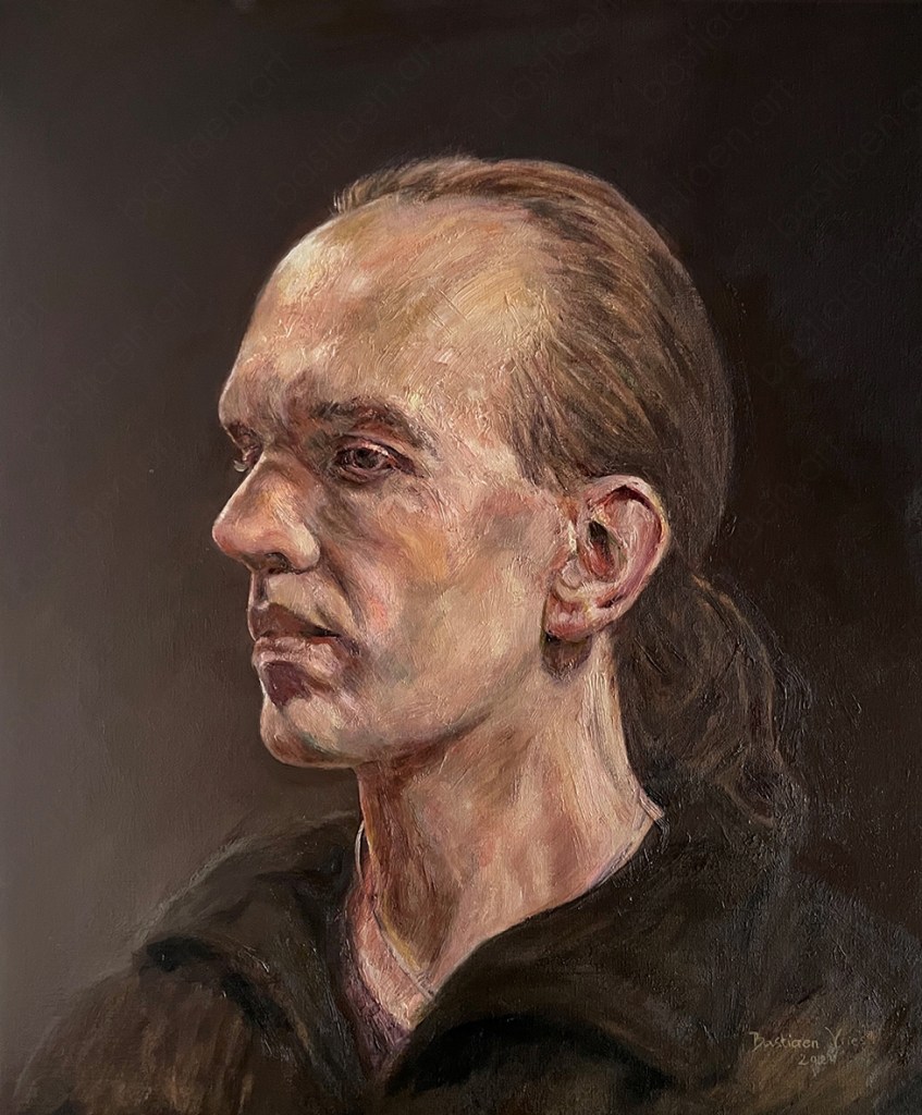 2024, Man with tail, oil on linen canvas, 50x60cm, painted by Bastiaen Vries. www.bastiaen.art