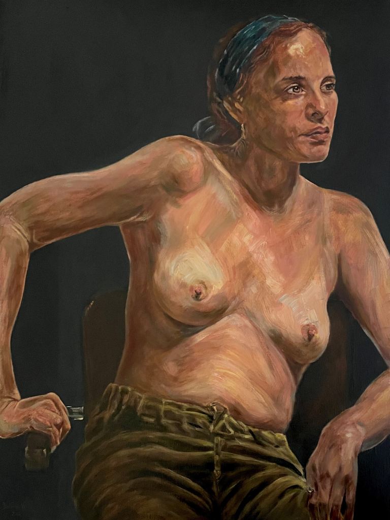 2024 painting of girl with bare chest in green trousers, 60x80cm, oil on linen canvas