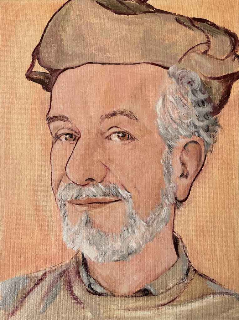 2024 oil portrait of a man with a hat in Holbein style by artist Bastiaen Vries.