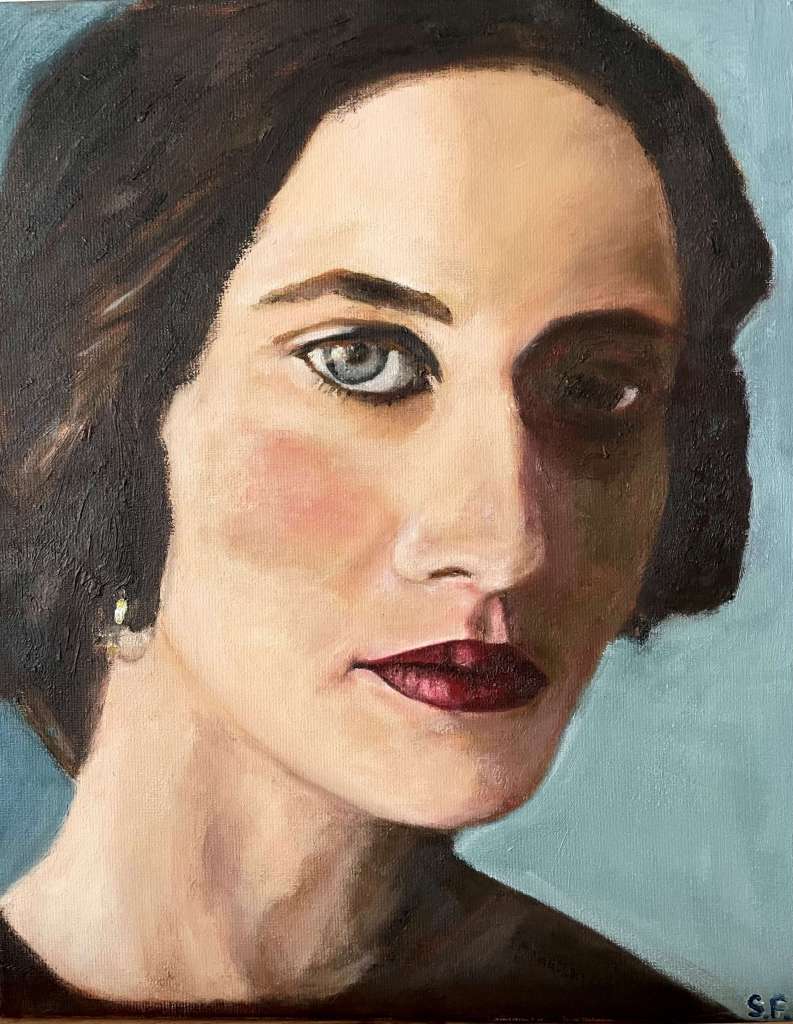 Olieverf portret van een vrouw, geschilderd tijdens mijn workshops door een leerling, met een klassieke uitstraling. Bastiaen.art