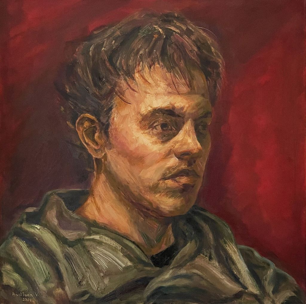 Man in red background looking aside, painting in oil paint on canvas, 60x60cm painted by Bastiaen