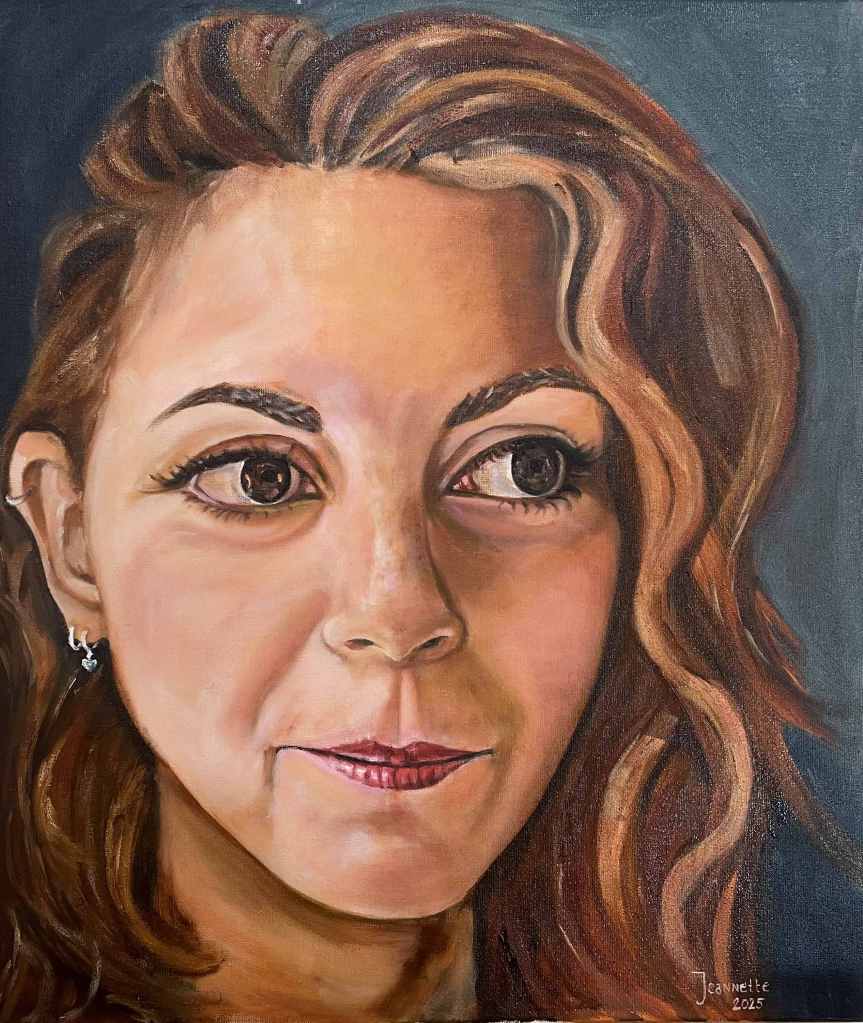 Olieverf portret van Jeannette B, geschilderd tijdens mijn lessen door een leerling. Bastiaen.art