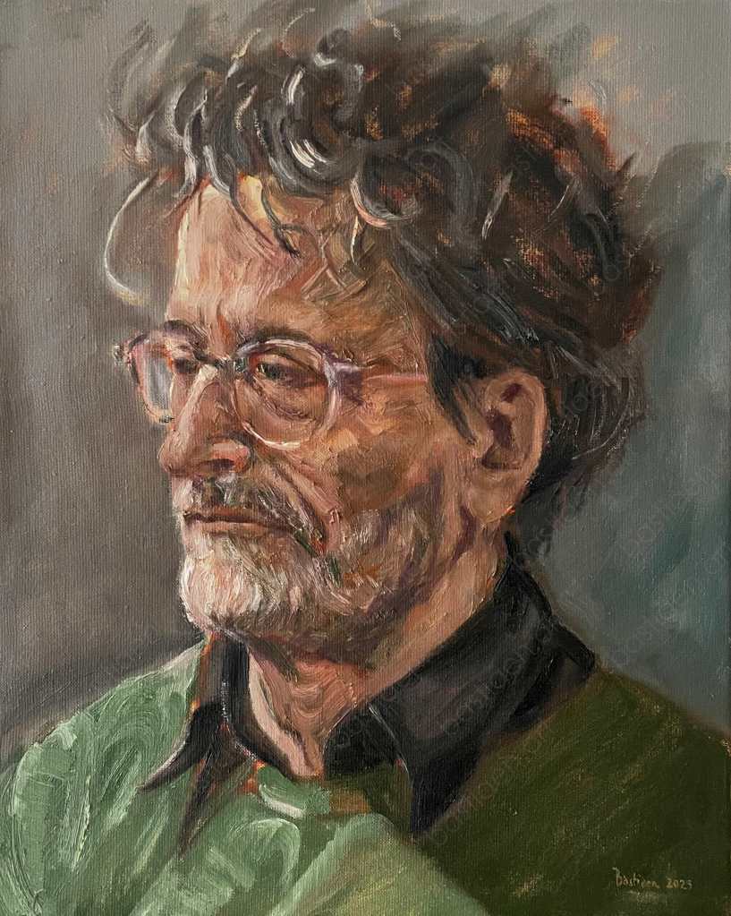 2024 painted portrait of a man with black shirt, oil on canvas, 40x50cm