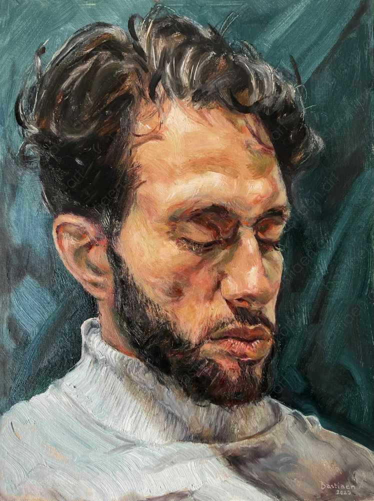 2024 The silent mind, portrait of a man with a beard, oil on panel, 30x40cm painted by Bastiaen