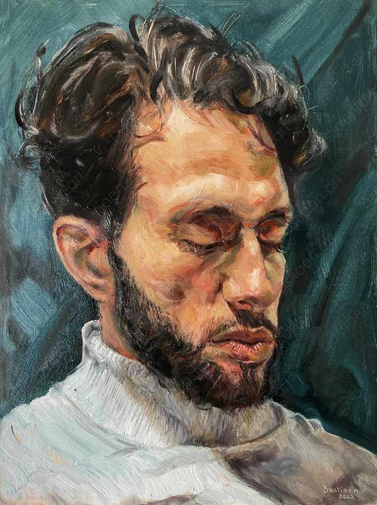 2024 The silent mind, oil on panel, 30x40cm portrait painted by Bastiaen Vries, www.bastiaen.art