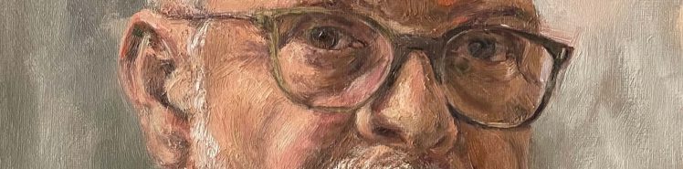 Zelfportret van een man met onderzoekende blik, kijkend in een spiegel, geschilderd door Bastiaen Vries