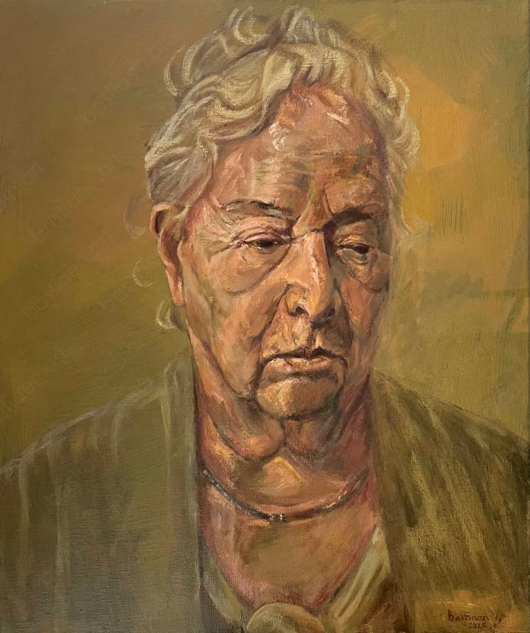 A captivating portrait of an older woman, rendered in oil paint on linen canvas (50x60 cm) by the artist Bastiaen Vries (bastiaen.art). The background remains subtly visible, enhancing the depth of the piece. The woman gazes downward, as if lost in deep thought, adding a layer of introspective emotion to the artwork.