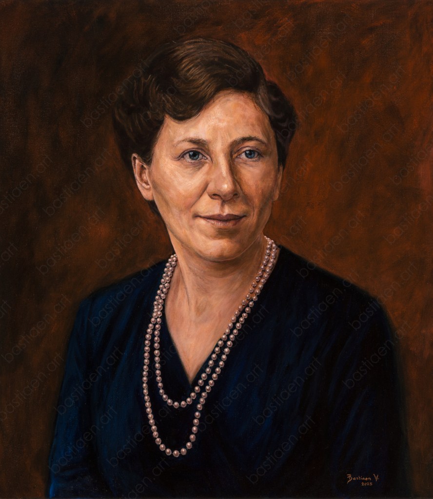 Oil portrait of Elise Mathilde van Beuningen, seated in a dark blue dress with pearls. 70 x 80 cm, oil on linen.