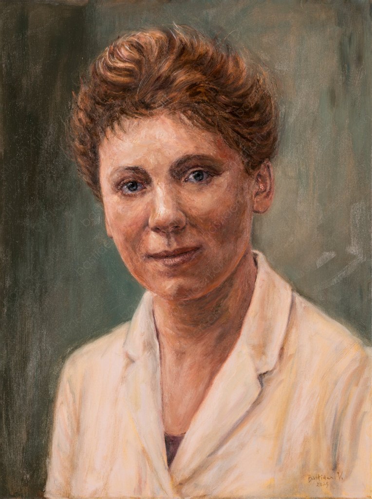 Oil portrait of a younger Elise Mathilde van Beuningen (1890–1941), seated and looking at the viewer, wearing a light summer blazer. Painted on linen, 45 x 60 cm, created by Bastiaen Vries.
