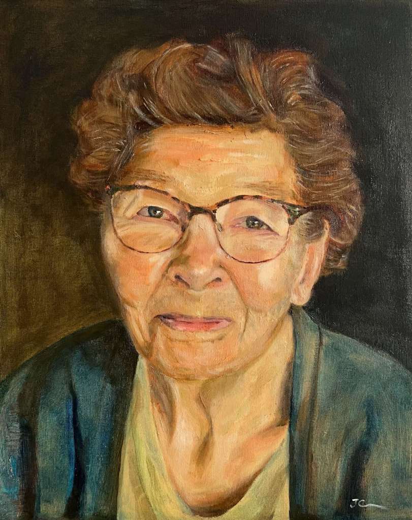 Karaktervol portret van oudere vrouw, gemaakt door Jeannette G. tijdens een schilderworkshop in Amsterdam. Bastiaen.art