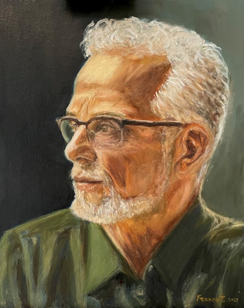 Zelfportret in olieverf van Franco T. geschilderd tijdens mijn lessen door een leerling. Bastiaen.art
