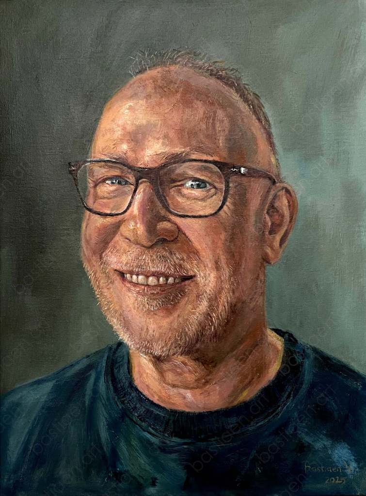 Portrait of a man wearing glasses and a blue sweater, painted in oil. He looks directly at the viewer with a fresh, slightly defiant expression and a subtle smile.