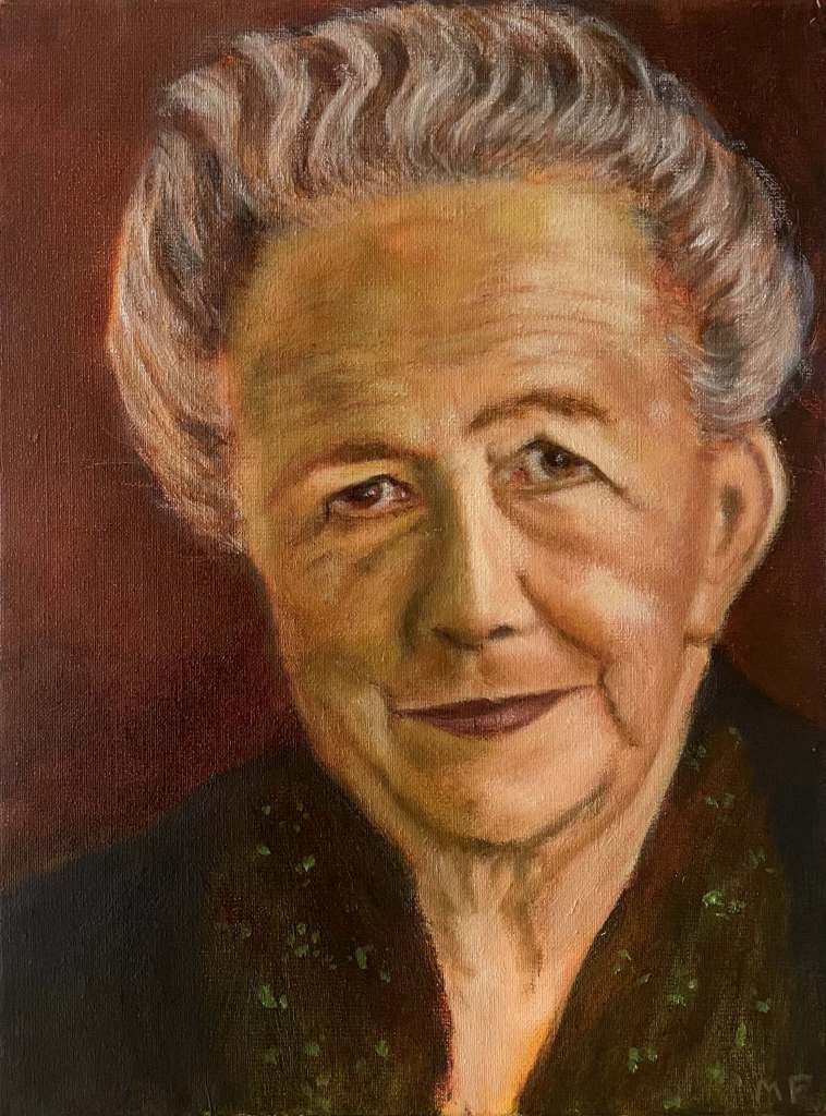 Portret naar aanleiding van oude zwart wit foto van oudere vrouw, gemaakt door Marian P. tijdens een schilderworkshop in Amsterdam. Bastiaen.art