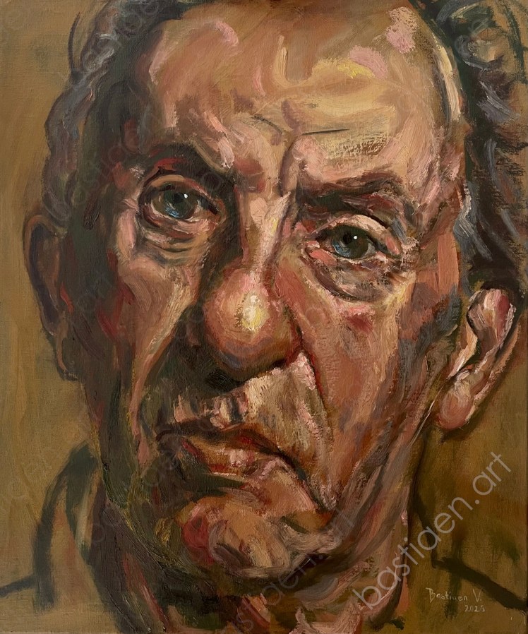 Live-painted portrait of a man with a piercing, sorrowful gaze in oil on linen, with earthy tones and a mustard green background, 50 x 60 cm.