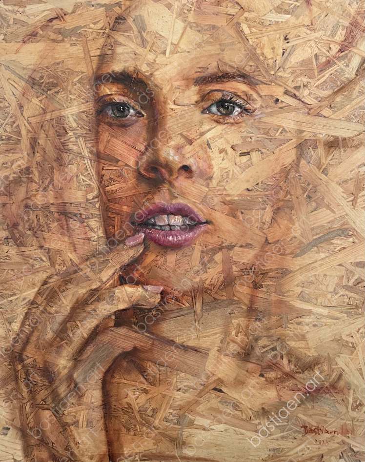 Portret van Lady Gaga, deels geschilderd op OSB-hout, waarbij de textuur zichtbaar blijft