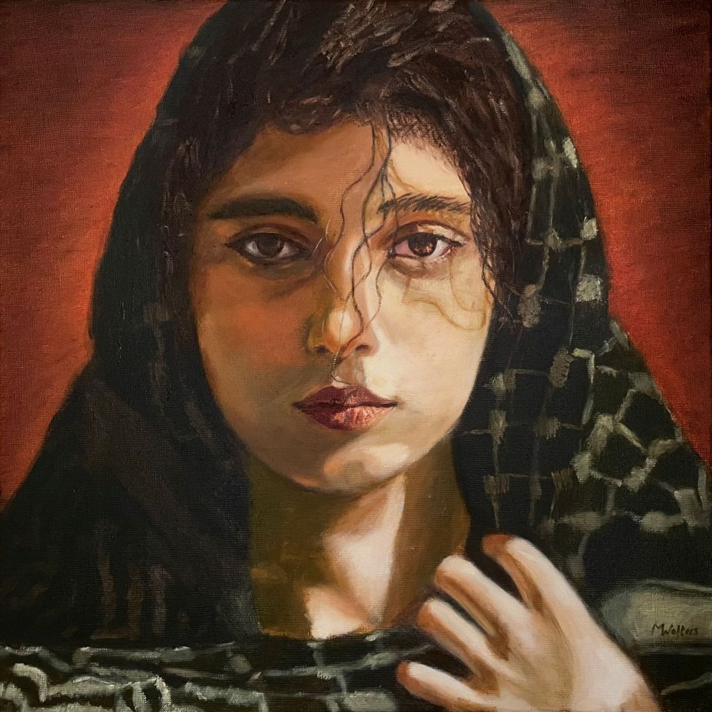 Olieverfschilderij van een jonge vrouw uit het Midden-Oosten, geschilderd door Marco W. tijdens een les in het atelier in de Staatsliedenbuurt, Amsterdam