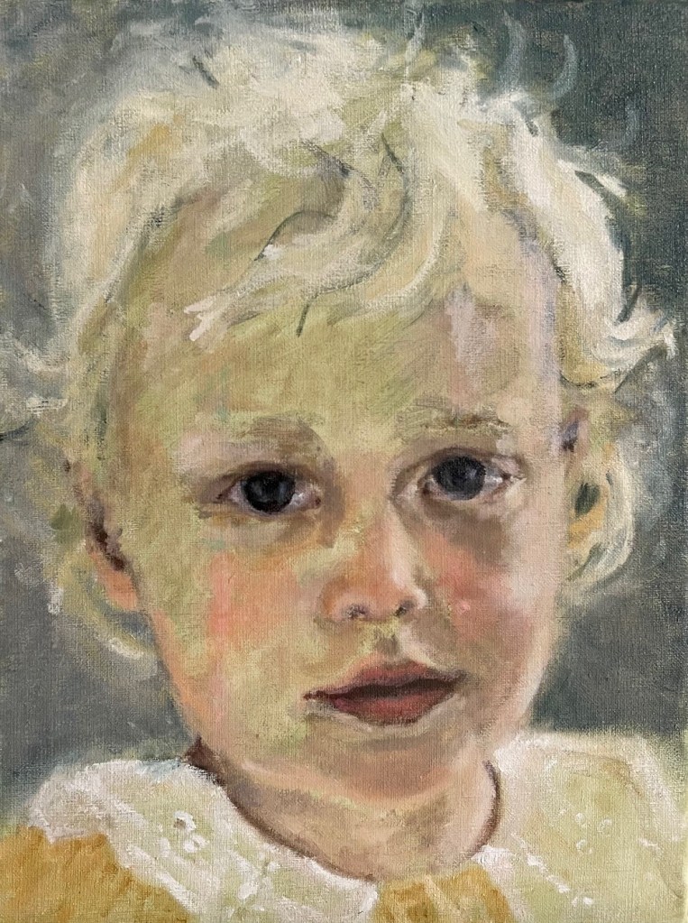 Olieverfportret van een jong kind met lichtblond haar, geschilderd door cursist Veerle O. tijdens schilderles in Amsterdam