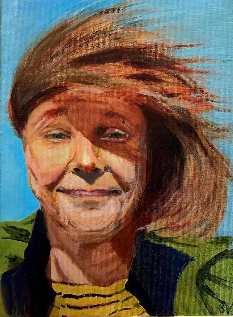 Olieverfportret met losse toets en wind door het haar, geschilderd door cursist Sandra V
