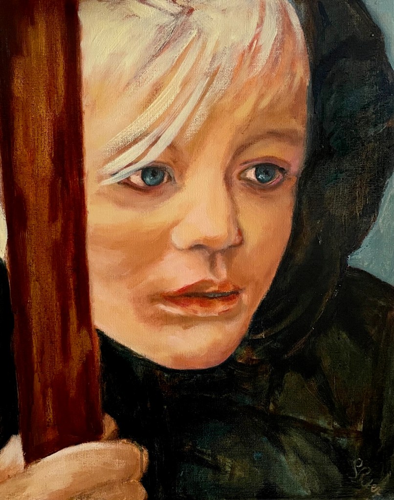 Portret van een kind met blond haar en winterjas, grote uitsnede van het hoofd, geschilderd door cursist Sina B.