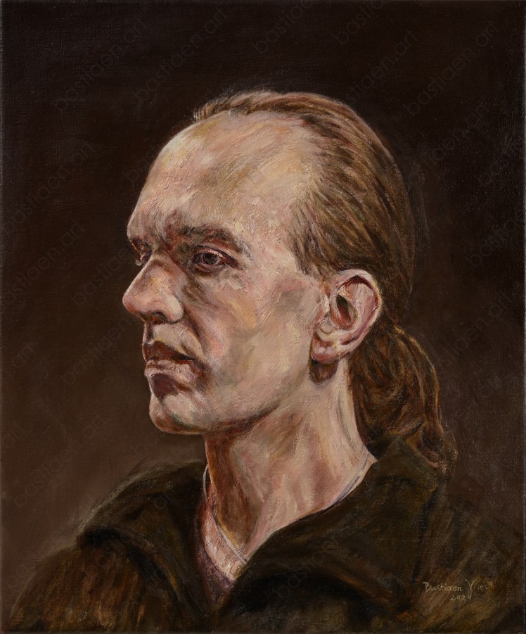 Olieverfportret Man with Ponytail van Bastiaen Vries, man in rustig licht met verfijnde huidtinten