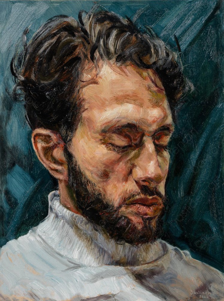 Olieverfportret The Silent Mind van Bastiaen Vries, man met rustige blik die opzij kijkt