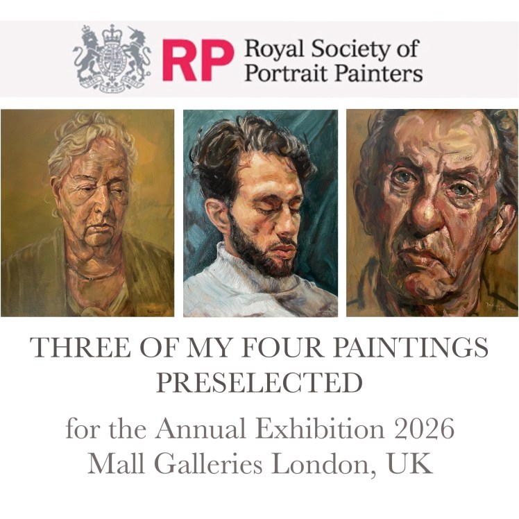 Drie portretschilderijen van Bastiaen Vries voorgeselecteerd voor de jaarlijkse tentoonstelling van de Royal Society of Portrait Painters in Mall Galleries, Londen.