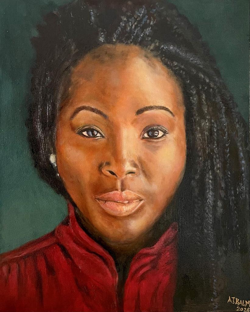 Olieverfportret van vrouw met vlechten tegen donkerblauwe achtergrond, geschilderd door cursist Arnold tijdens portretschilderles
