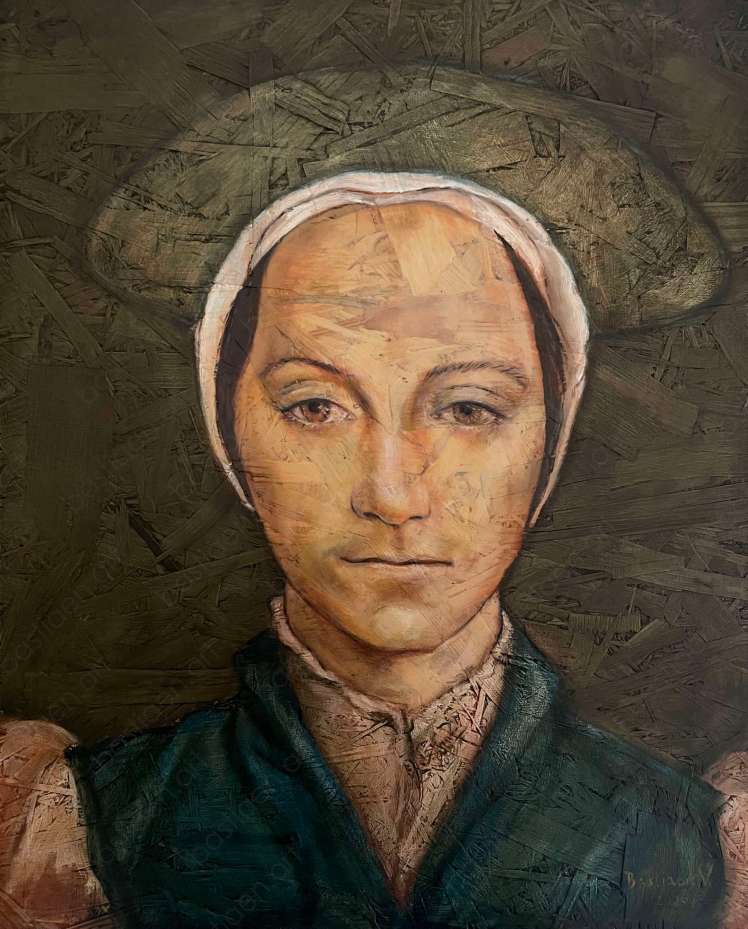 Portret naar Holbein-tekening Tudor hofdame, olieverf in transparante lagen op OZB hout, Bastiaen Vries 2026