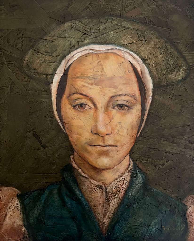 Portret naar Holbein-tekening Tudor hofdame, olieverf in transparante lagen op OZB hout, Bastiaen Vries 2026