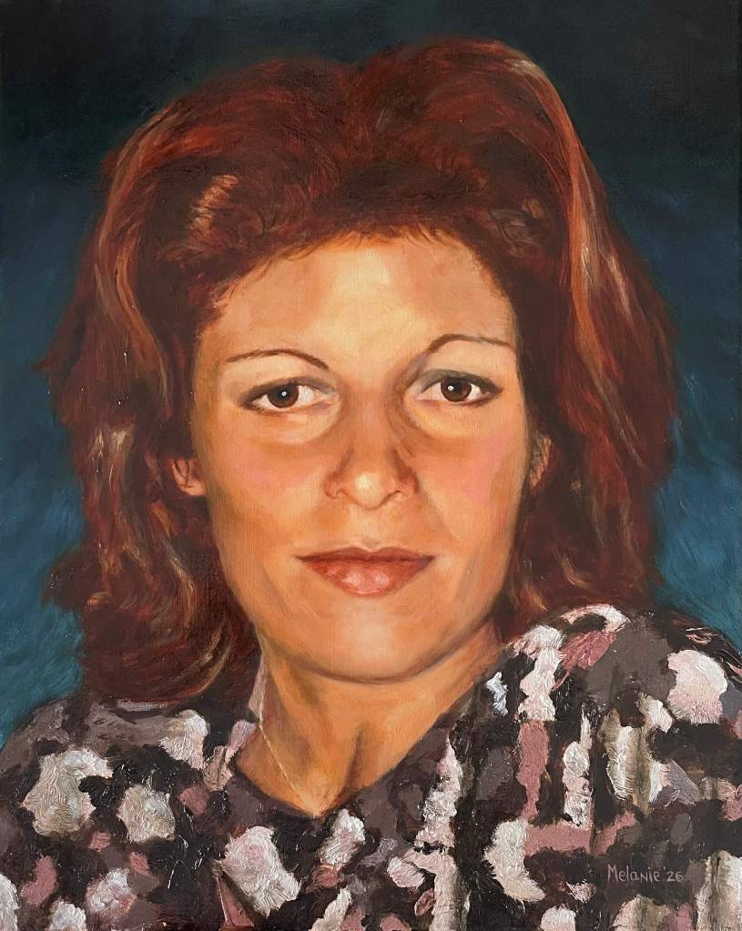 Portret van vrouw met print top en roodbruine haren, olieverf op linnen, leerling Bastiaen Vries 2026