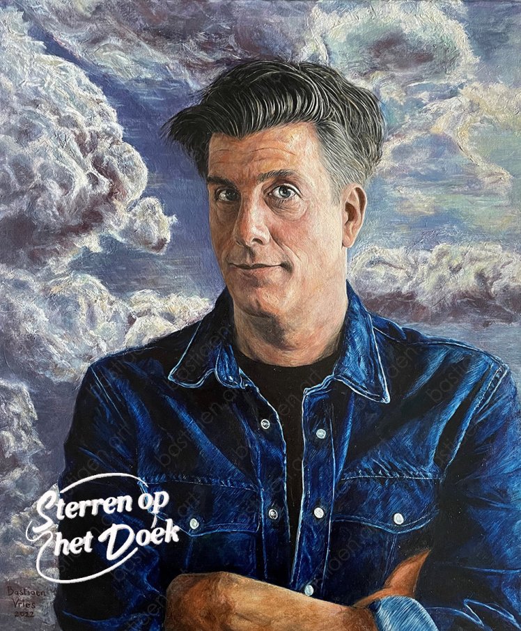 Olieverfportret van Rob Kemps met diepe blauwe achtergrond, geschilderd door Bastiaen Vries voor Sterren op het Doek