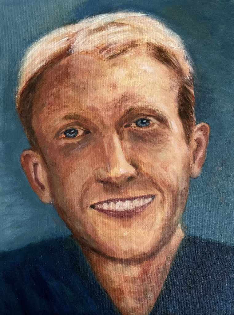 Portret van een jongen, geschilderd door cursist Karin L. tijdens portretschilderles