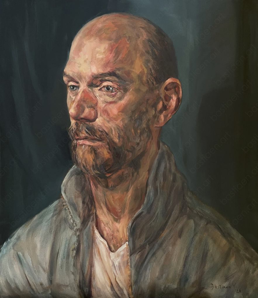 Olieverfportret van man met blauwe ogen en baard tegen donkere achtergrond, geschilderd door Bastiaen Vries