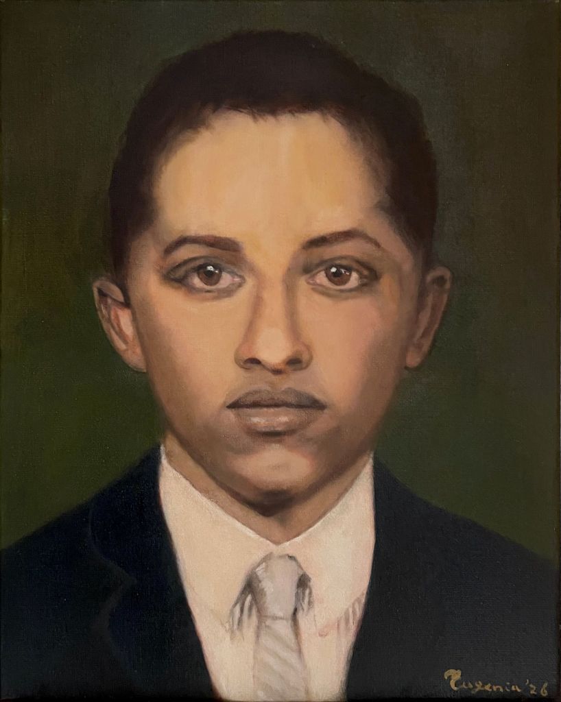 Portret in watervermengbare olieverf, geschilderd naar een oude zwart-wit familiefoto door cursist Eugenia de B.