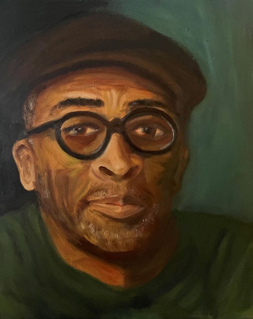 Geschilderd portret van een man met pet, gemaakt door cursist Waldy tijdens de portretschilderlessen in Amsterdam